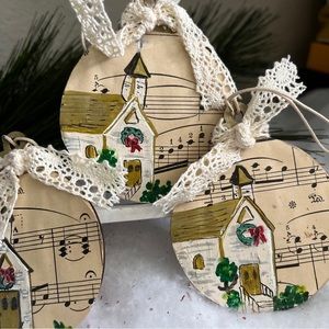 SET OF 3 HANDCRAFTED WOODEN CHURCH ORNAMENTS
